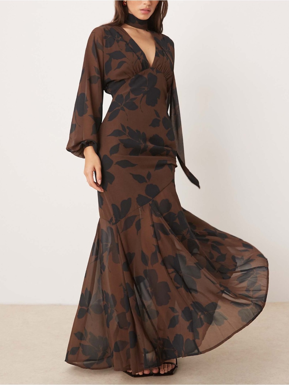 Brown Floral Maxi Dress with Scarf Detail